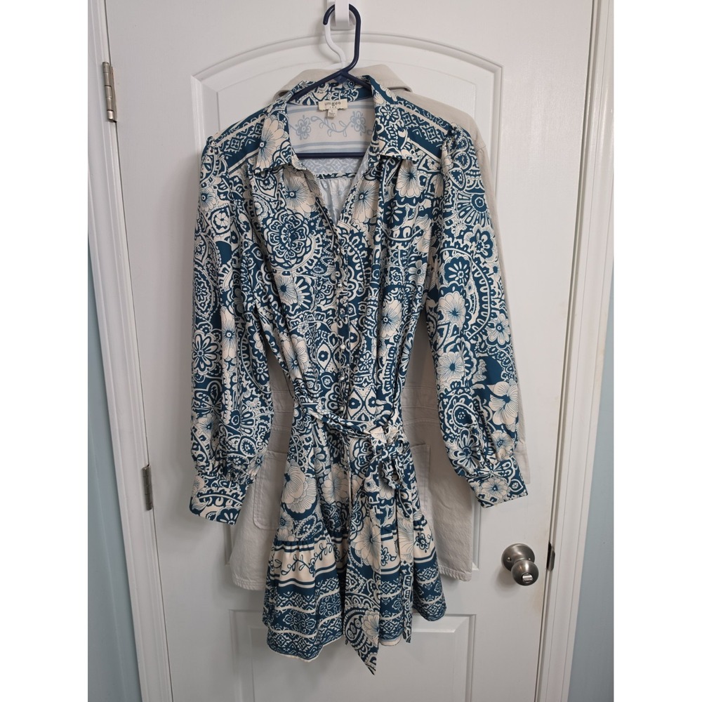 Umgee USA L Boho Mini Dress Mixed Print Floral Tie At Waist Long Sleeve